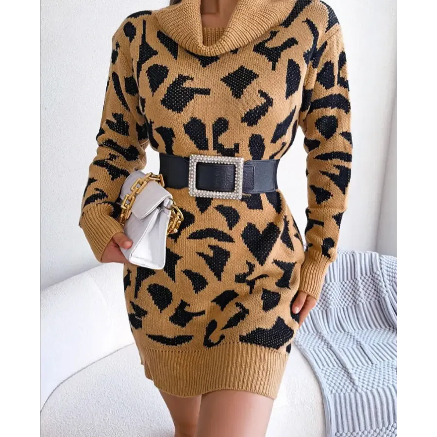 Robe Léopard à Col Roulé Tombant Kaki