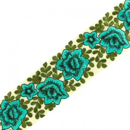 Ruban galon India flower power 60 mm - turquoise x 50cm