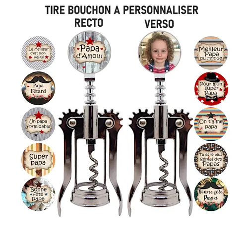 Tire-bouchon, ouvre bouteille personnalisé papa recto verso, cadeau fête des pères, modèle au choix
